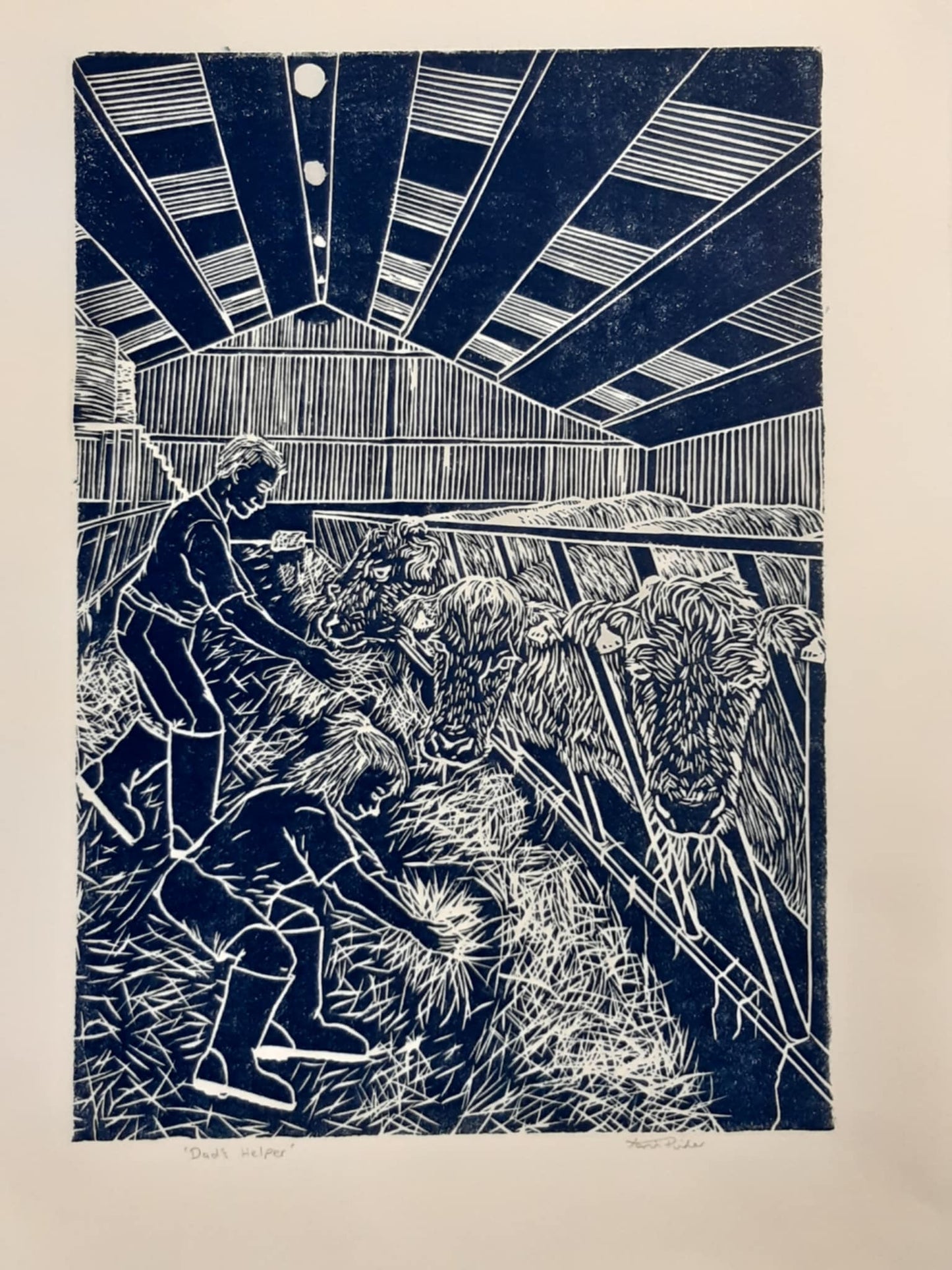 Dad's Helper Original Lino Print Signed