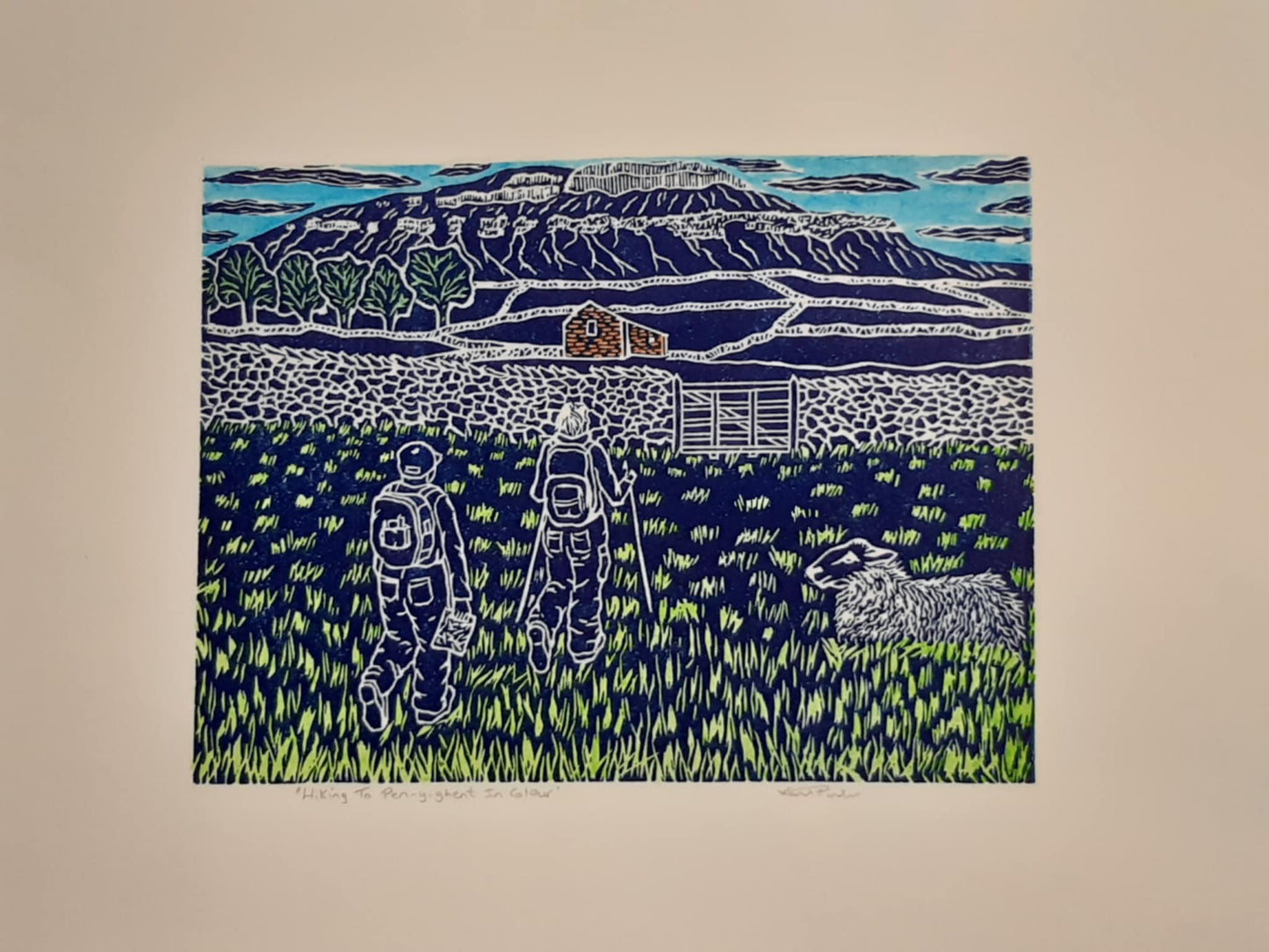 Hiking To Pen-y-ghent In Colour - Original Lino Print Signed