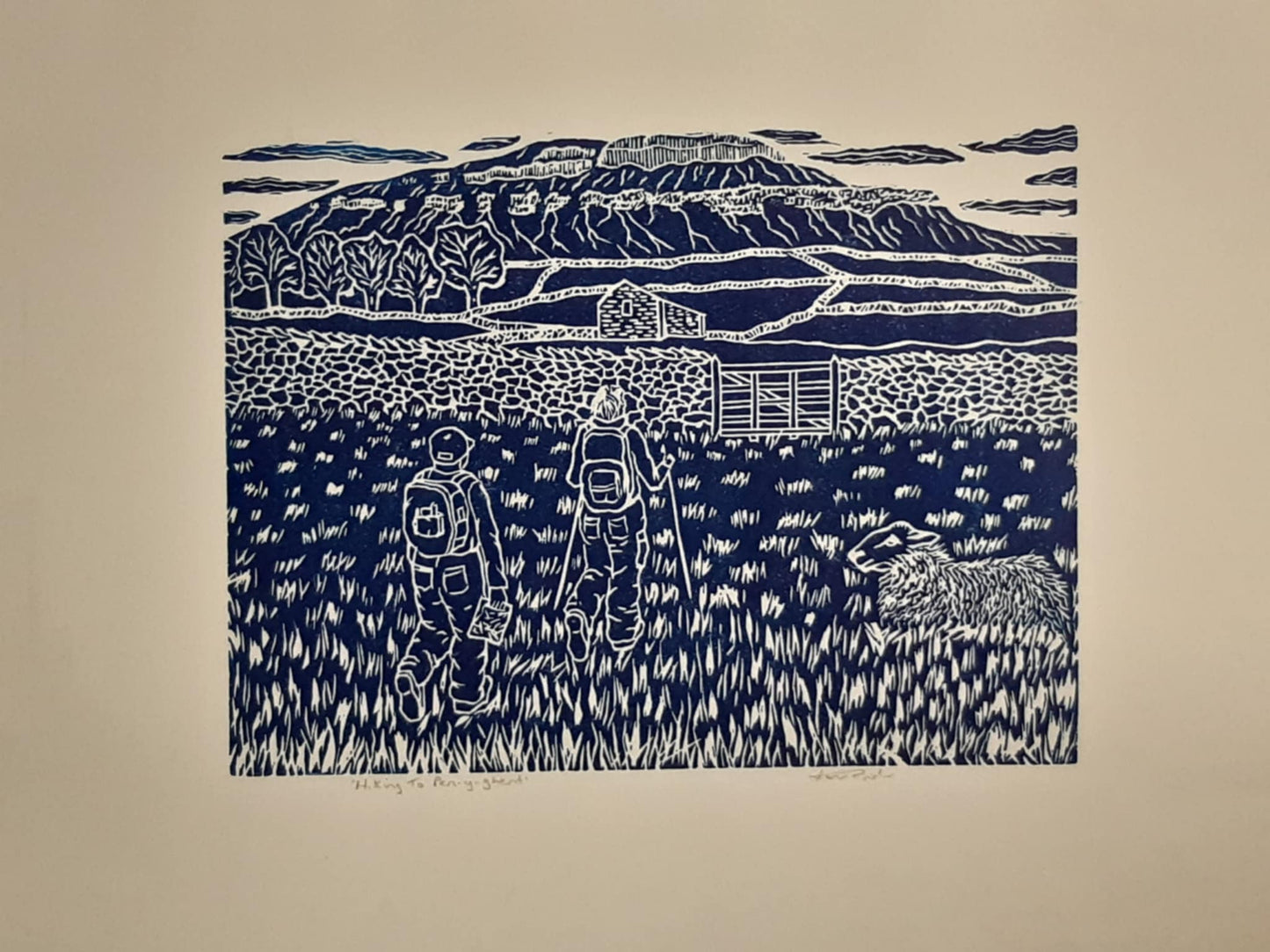 Hiking To Pen-y-ghent - Original Lino Print Signed