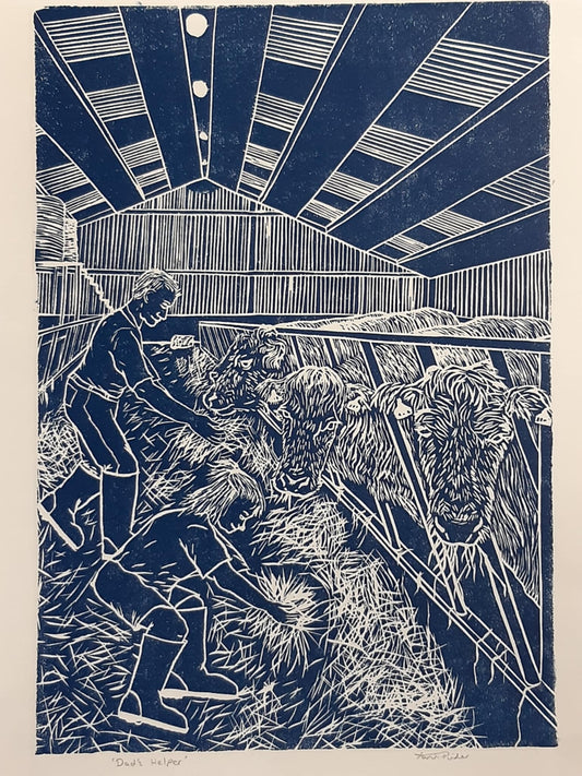 Dad's Helper Original Lino Print Signed