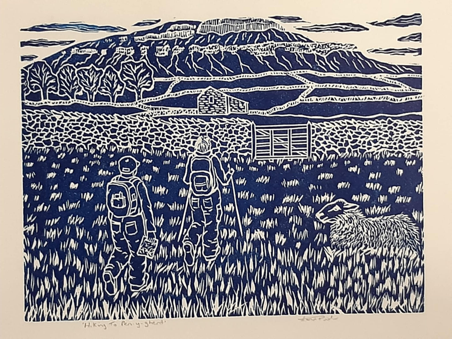 Hiking To Pen-y-ghent - Original Lino Print Signed