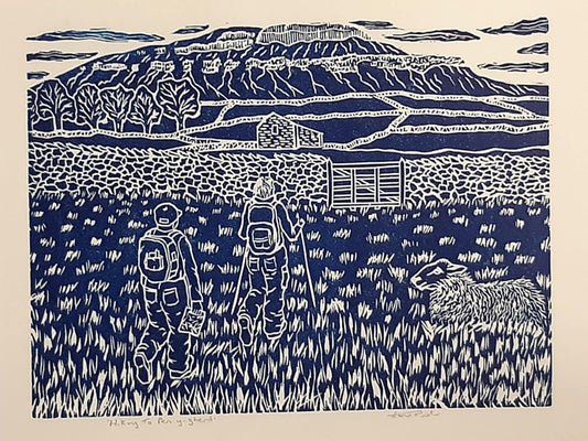 Hiking To Pen-y-ghent - Original Lino Print Signed