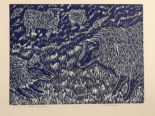 The Stand Off - Between Sheep and Dog Original Lino Print Signed
